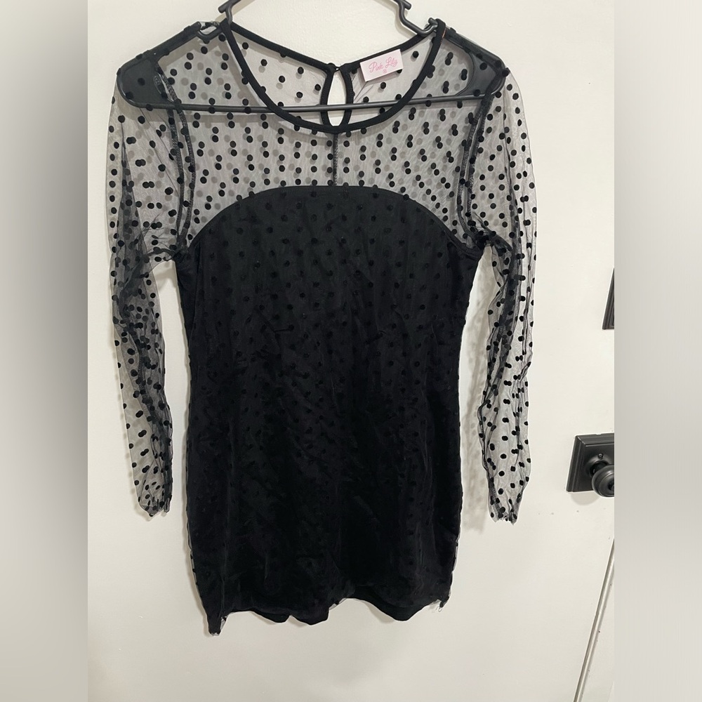 Pink Lily Black Mini Dress with Sheer Polka Dot Sleeves